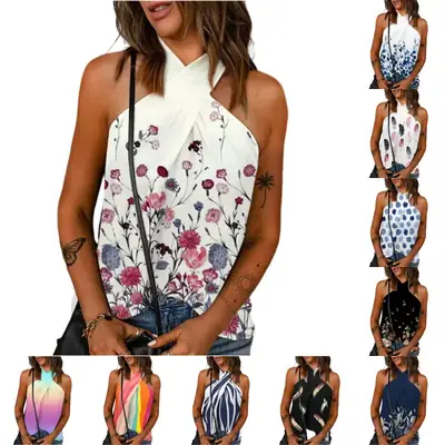 Women's Sleeveless Feather Print Top White Back Zipper