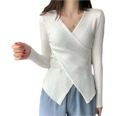 Korean-style Cross V-neck Knit Long Sleeve Top