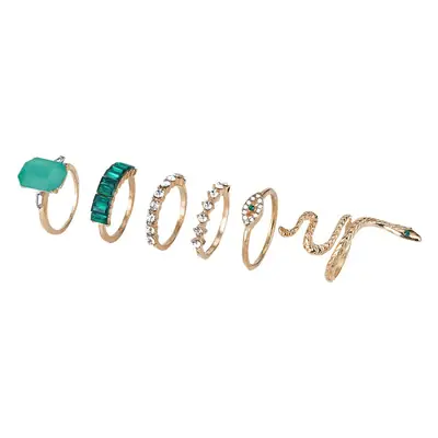 Green Crystal Snake Ring Set for Women Adjustable Gold