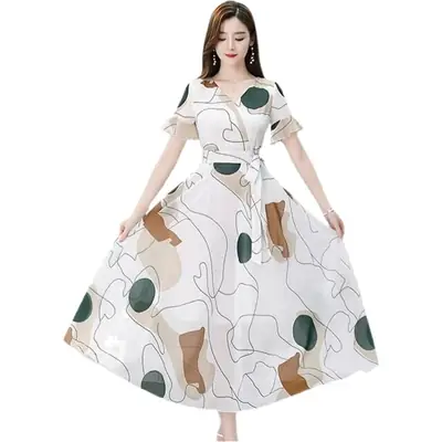 2022 Ice Silk Dress White Green Leaf Print Large Swing Skirt