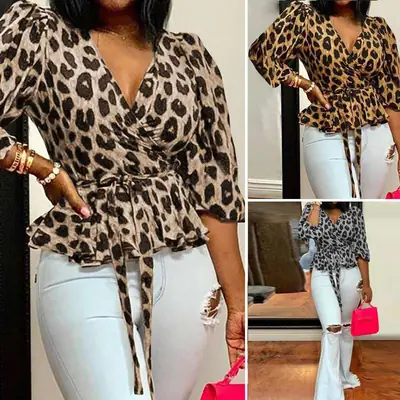 2021 Leopard Print V-Neck Long Sleeve Top Women Large