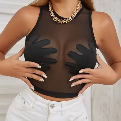 Women's Black Mesh Sleeveless Crew Neck Vest