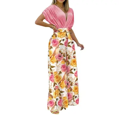 Women V-Neck Printed Wide-Leg Pants Orange Pink Floral 2026