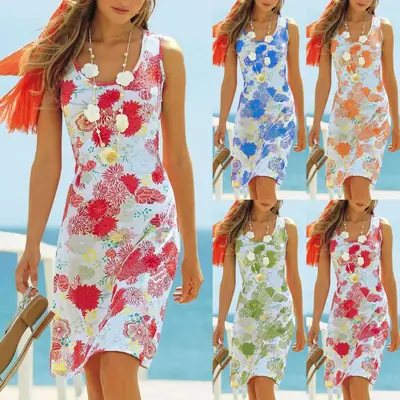 2023 Floral Print U-Neck Midi Dress Women