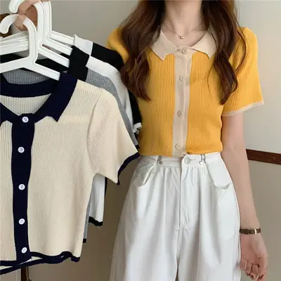 Women Ice Silk Knitted Polo Collar Top Yellow Black