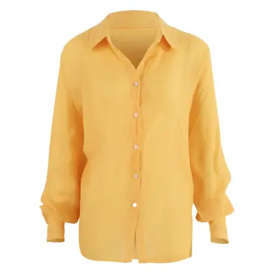 Women Linen Casual Shirt Yellow Button Front Plus Size