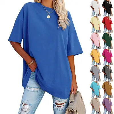 Red Loose Fit Women's T-Shirt Round Neck Short Sleeve