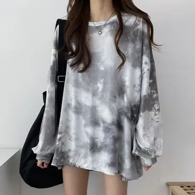 Women Tie Dye Cotton Long Sleeve Grey Plus Size T-Shirt