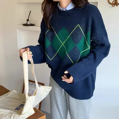 Women Long Sleeve Sweater Blue Green Diamond Loose Round Neck