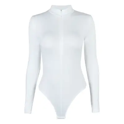 2023 White Fleece Zipper Turtleneck Bodysuit for Women