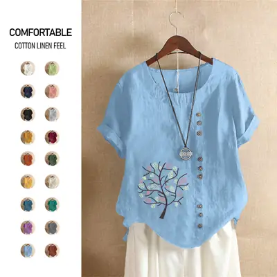 Women Cotton Linen T-Shirt Green Tree Print Button Front