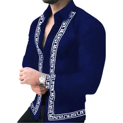 European Station Men's Wear Blue Printed Long Sleeve Shirt