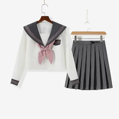 Japanese Embroidered Sailor Suit Grey Pleated Skirt Set