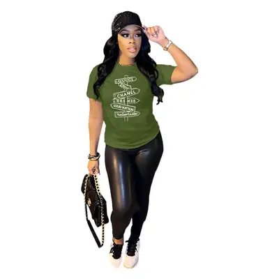 Women's Black Letter Print T-Shirt with White Shorts & Knee-high Boots