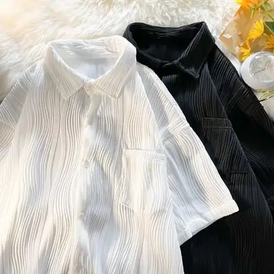 Men's White Silk Short Sleeve Shirt with Black Trouser