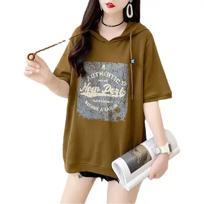 New Printed Hooded T-Shirt Women Plus Size Loose Casual Top