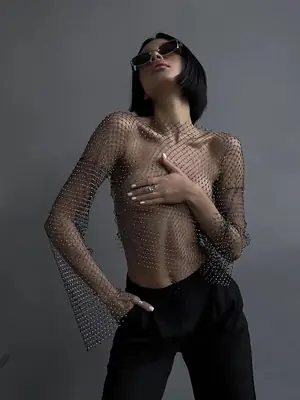 Women's Mesh Rhinestone Long Sleeve T-Shirt Sexy Top