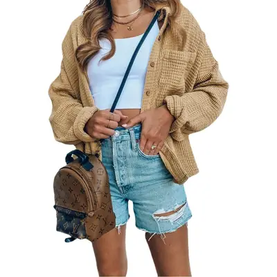 Women Waffle Jacket Button Pocket Casual Shirt 2024