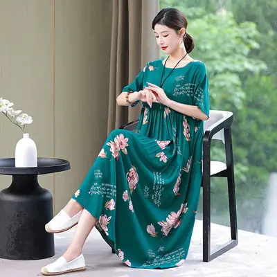 Women Floral Cotton Silk Dress Blue Large Size