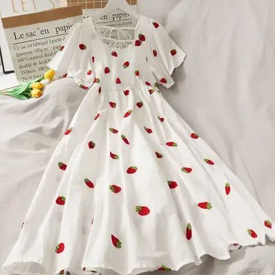 Women's Fruit Print A-Line Skirt Dress White