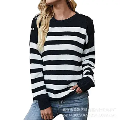 Women Blue Striped Long Sleeve Sweater Pullover