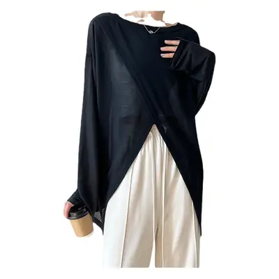 Women's Black Long Sleeve Slit Blouse Summer Wear