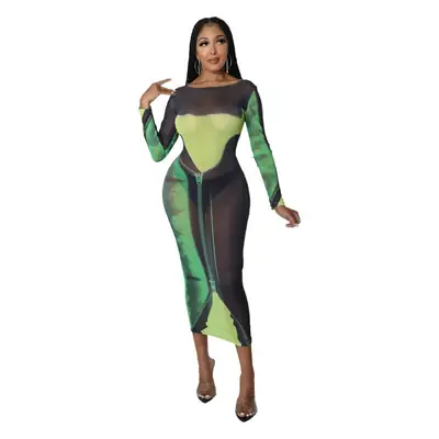 Sexy Printed Long Sleeve Women's Dress Green Black