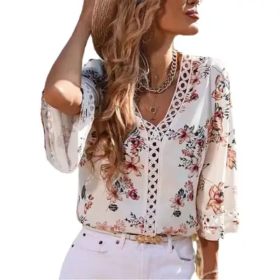 2025 Floral Bell Sleeve V Neck Chiffon Top