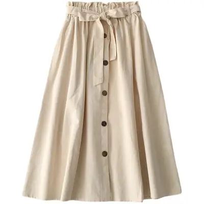 Summer High-Waist Skirt Beige A-Line Elastic Waist