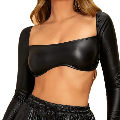 Black Long Sleeve High Waist Bra Top for Women