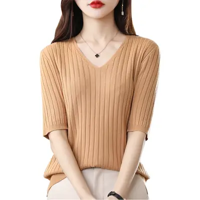 2024 Women's V Neck Knitted T-Shirt Pure Color