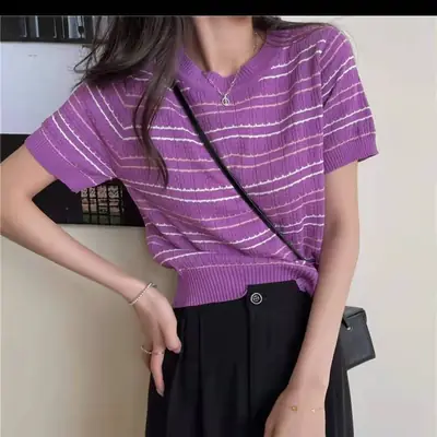 2025 Women Knitted Striped T-Shirt Short Sleeve Elegant Casual