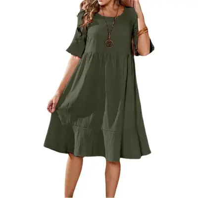 Women's Pink Swing Dress Large Cotton Linen Round Neck
