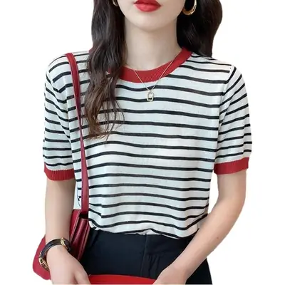 Women Ice Silk Striped Sweater Summer Top