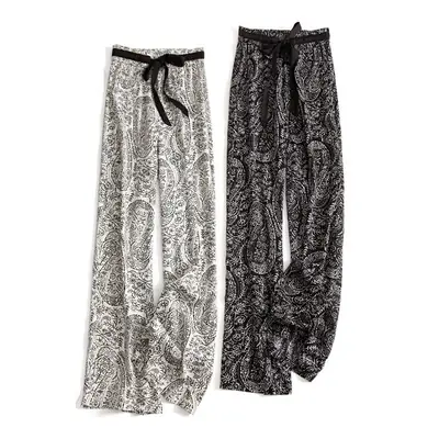 Ice Silk Wide Leg Pants Women Summer Black White Paisley