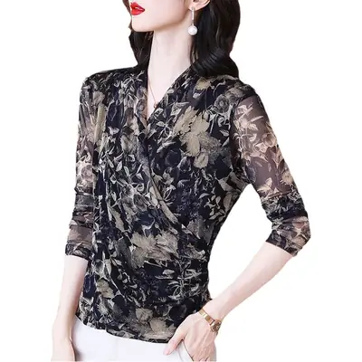 Black Lace V-Neck Top for Women 2023