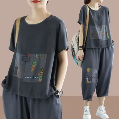 Women 2-Piece Summer Casual Suit Grey Loose Fit Large