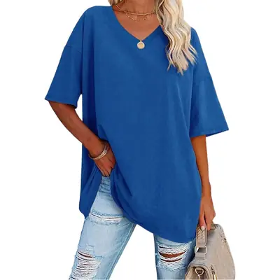 Women Cotton V-Neck Loose Top Yellow