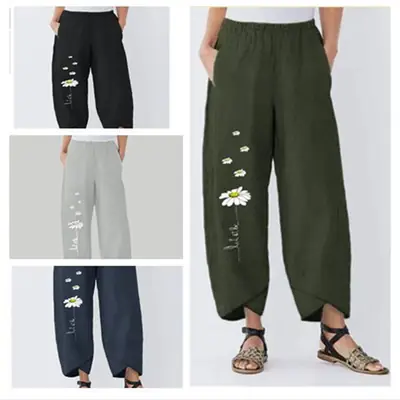 Women Cotton Daisy Print Elastic Waist Pants 3401