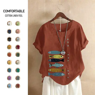 2025 Summer Vintage Plus Size Fish Print T-Shirt