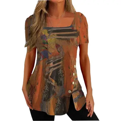 European and American Cross-border Foreign Trade Women's Independent Station Explosions Western Ethnic Style Printed Button Short-sleeved T-shirt Top