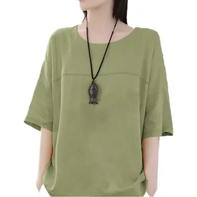 Women Cotton Linen Loose T-Shirt Plus Size Orange
