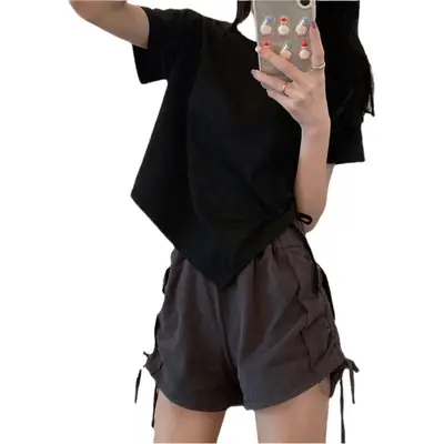 Women Irregular Drawstring T-Shirt Grey 2025 Summer