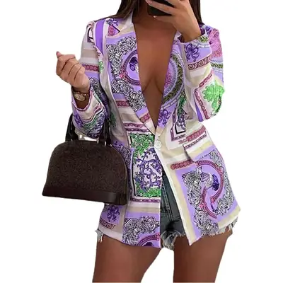 Long Sleeve Printed Blazer with Bear Print for Women