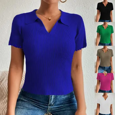 Women's Knitted Polo T-Shirt Pink V-Neck
