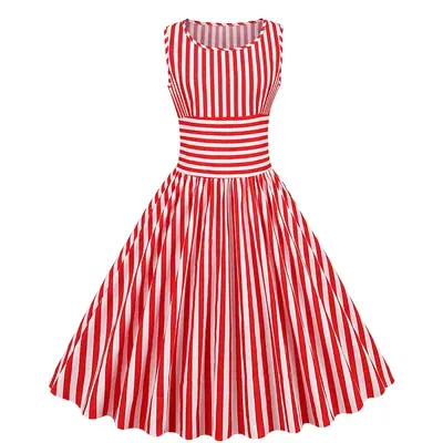 Red White Striped Sleeveless Dress for Women