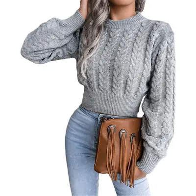 Women Grey Knit Pullover Sweater Round Neck Slim Fit