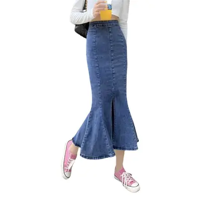 Women Denim Fishtail Skirt Mid Length Summer