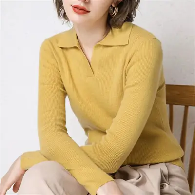 Women Knitted Polo Collar Sweater White Slim Fit