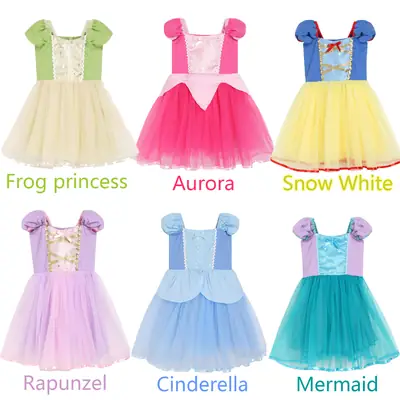 Cotton Girls' Princess Dress, High-Quality Mesh Dress for Young Children, Snow White, Mermaid, Frog Princess, Rapunzel